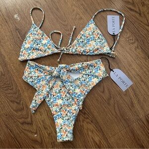 La Porte Floral Bikini Set Blue Orange Medium NWT sexy high cut swimwear